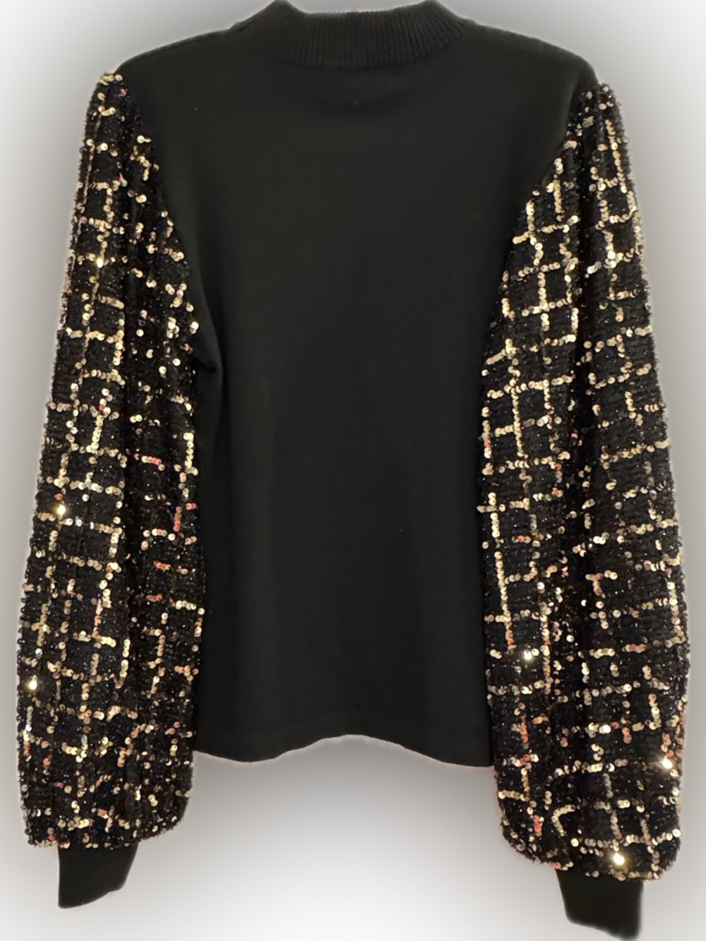 Flying Tomato Black Sweater with Gold-Accent Sequin Grid Sleeves - Picture 4 of 8